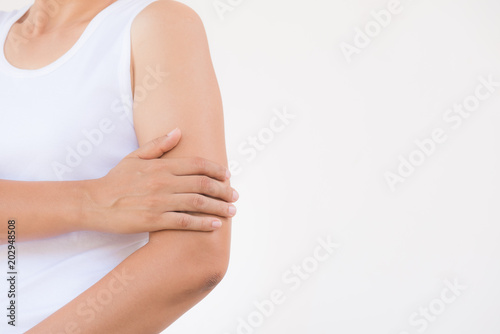 Closeup female's arm. Arm pain and injury. Health care and medical concept.