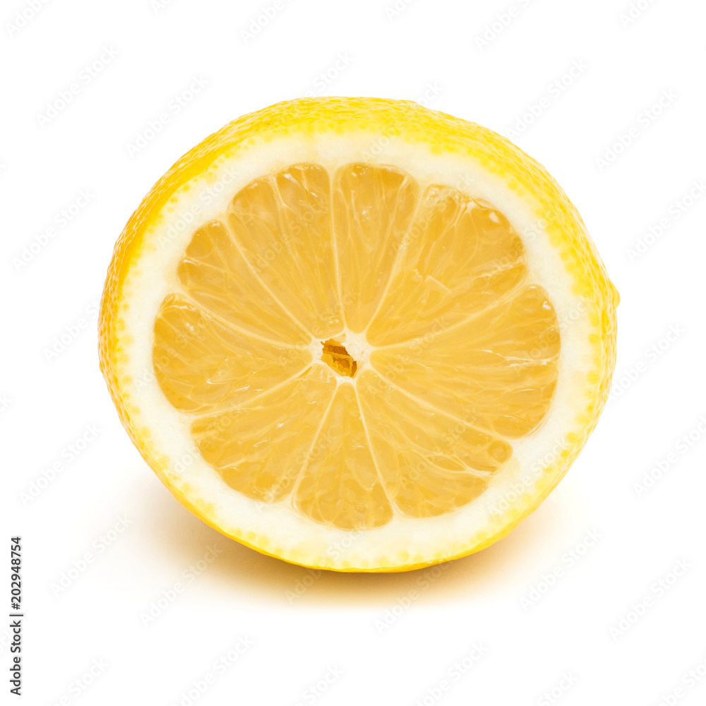 Half lemon isolated on white background. Tropical yellow fruit. Flat lay, top view Half lemon isolated on white background. Tropical yellow fruit. Flat lay, top view
