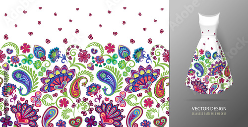 Seamless vertical fantasy flowers pattern. Hand draw floral background on dress mockup. Vector. Red orange on white.