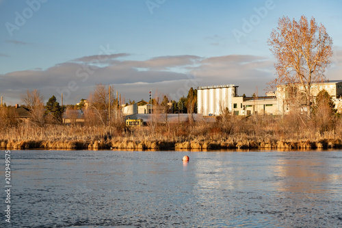 View of a brewery along the Deschutes River in Bend, Oregon early morning