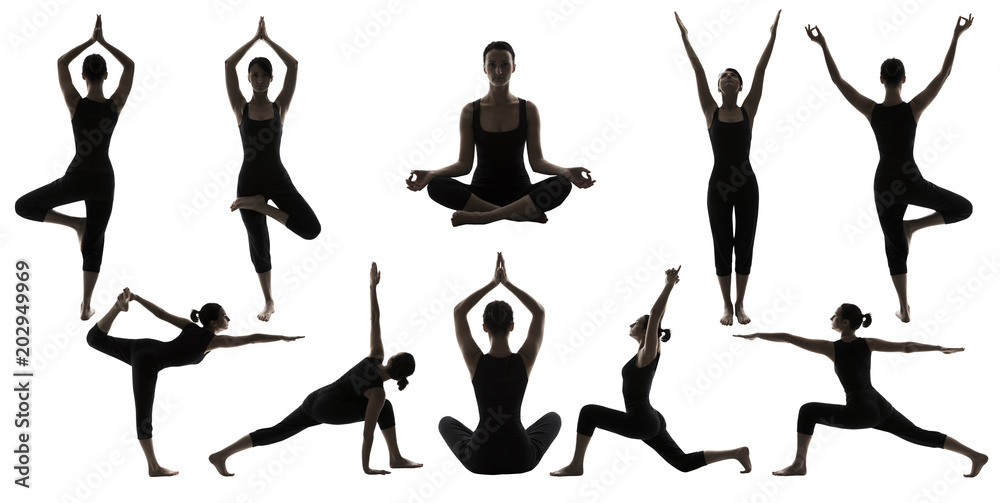 Fotografia do Stock: Yoga Poses Silhouettes, Woman Body Balance Asana  Position, People Workout and Exercise | Adobe Stock