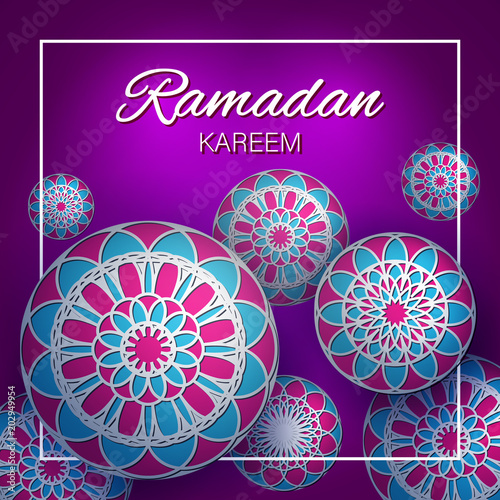 Ramadan Kareem islamic greeting banner with geometric Arabic ornament on ultra violet background.