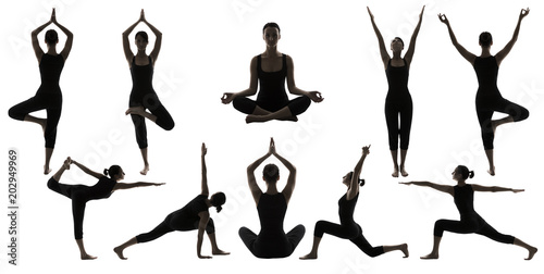 Yoga Poses Silhouettes, Woman Body Balance Asana Position, People Workout and Exercise