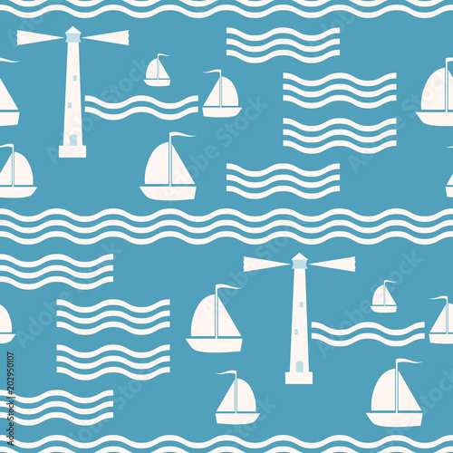 Seamless blue and white sea pattern with ships and lighthouses