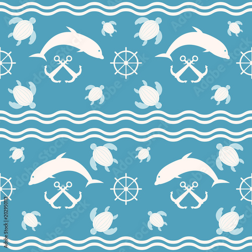 Seamless blue and white nautical sea pattern with marine dwellers