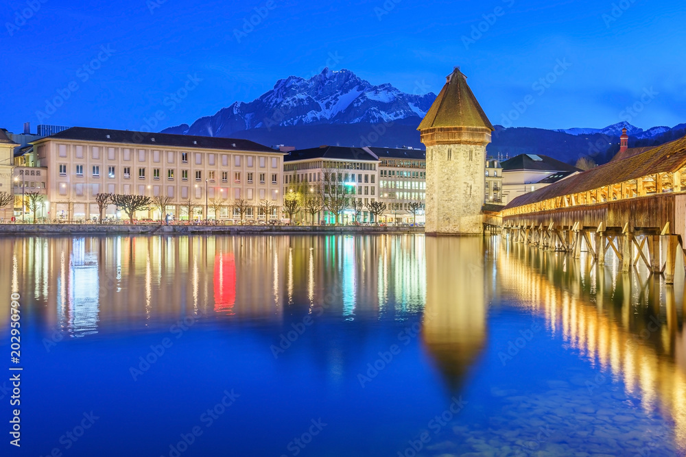 Panoramic view of city center of Lucerne with famous Chapel Bridge and lake Lucerne (Vierwaldstatersee), Canton of Lucerne, Switzerland