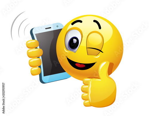 Winking smiley talking on a phone. Vector illustration of a smiley having funny phone conversation.