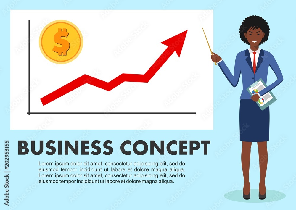 Business concept. Businesswoman near whiteboard and pointing on the chart of finance analytics. Graph with trend line rising up and coin with sign of dollar in flat style isolated. Vector illustration Business concept. Businesswoman near whiteboard and pointing on the chart of finance analytics. Graph with trend line rising up and coin with sign of dollar in flat style isolated. Vector illustration
