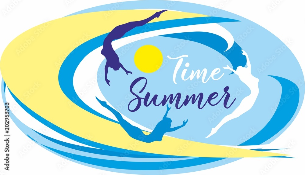 Naklejka premium Time summer.Lettering. Sea. waves. surfers. Seascape. Design for travel and vacation. Vector.