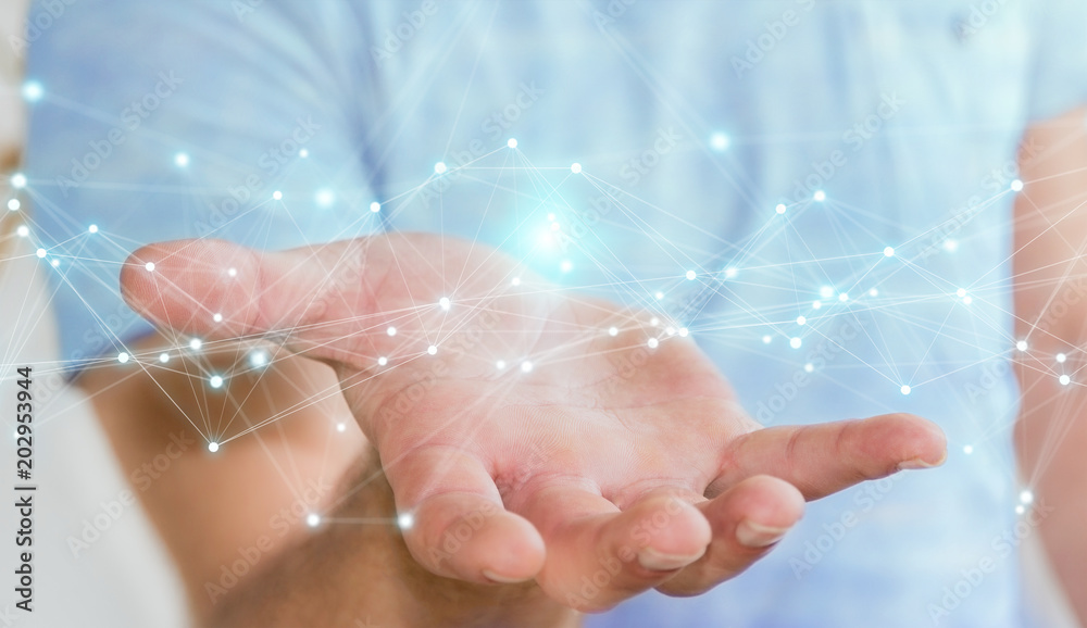 Businessman using flying network connection 3D rendering Businessman using flying network connection 3D rendering