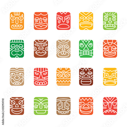 Tiki totem colored smile emotions faces muzzles icons collection set