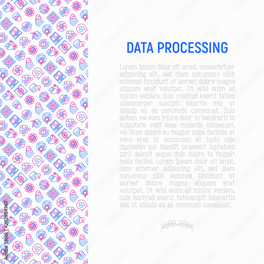 Data processing concept with thin line icons: data science, filtering, deep learning, mobile syncing, big data, modeling API, usage, tracking, cloud database. Modern vector illustration for banner. Data processing concept with thin line icons: data science, filtering, deep learning, mobile syncing, big data, modeling API, usage, tracking, cloud database. Modern vector illustration for banner.