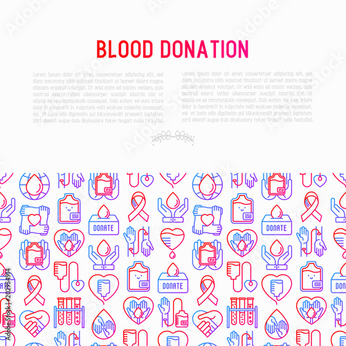 Blood donation, charity, mutual aid concept with thin line icons. Symbols of blood transfusion, medical help and volunteers. Modern vector illustration, poster, print media for World donor's day.