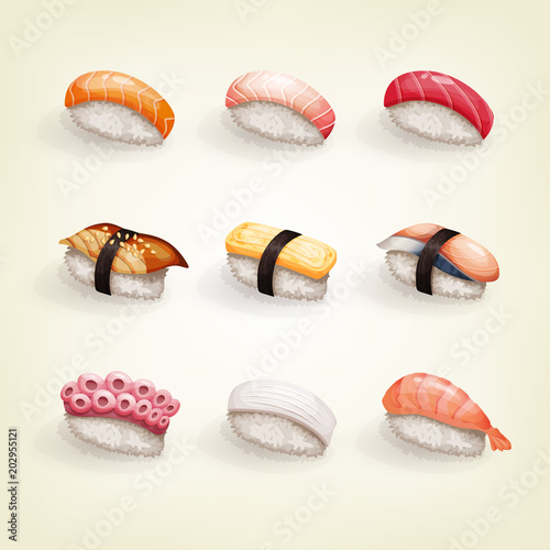 Japanese cuisine collection. Set of various fresh and delicious nigiri sushi. Vector illustration of healthy food for takeout, bar or restaurant menu.