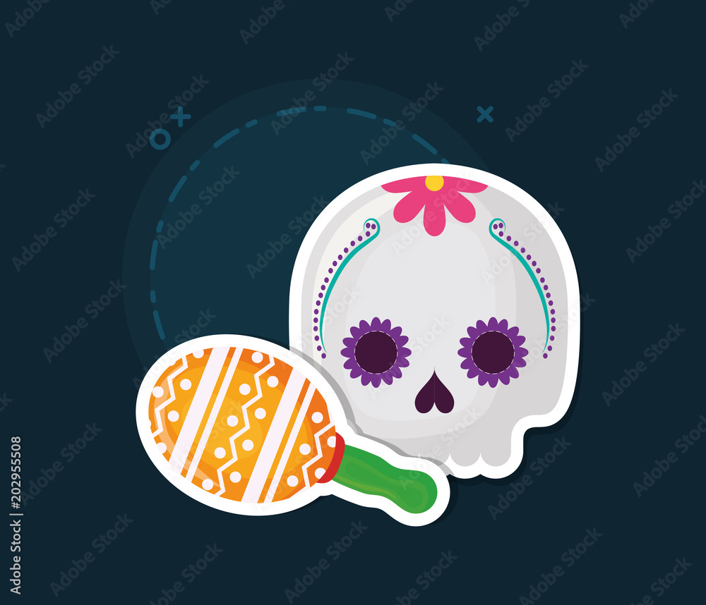 viva mexico design with sugar skull and maracas over blue background, colorful design. vector illustration