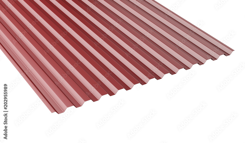 Dark red metal corrugated roof sheet stack - front view. Dark red metal corrugated roof sheet stack - front view.