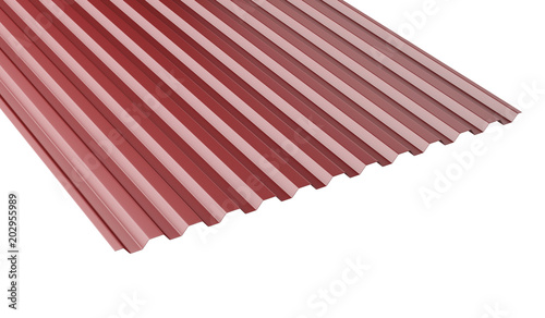 Dark red metal corrugated roof sheet stack - front view.