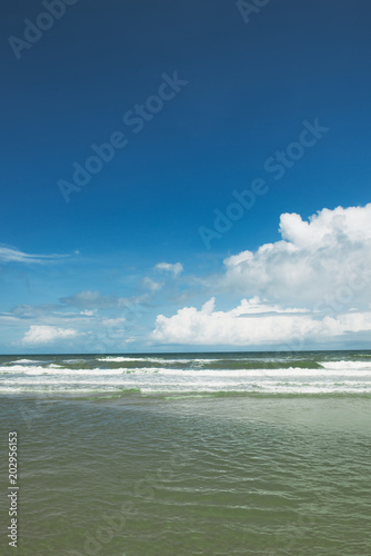 Ocean beach relax, outdoor travel. Sea view from tropical beach with sunny sky