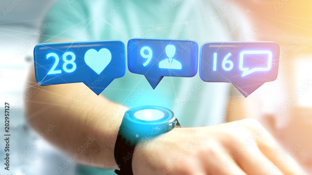 Businessman holding a Like, Follower and message notification on social network - 3d render Businessman holding a Like, Follower and message notification on social network - 3d render