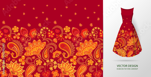 Hand drawn flower seamless pattern. Colorful seamless pattern with floral pattern in eastern style. Vector pattern for textile. Orange on red