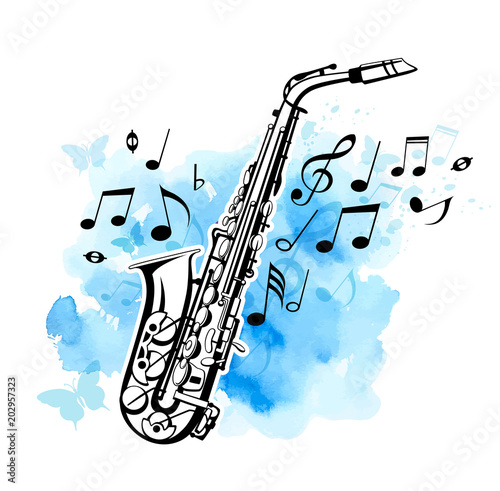 Saxophone on a blue watercolor background