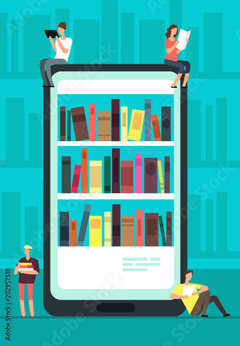 Smartphone with reader app and people reading books. Online book store, library and education vector concept