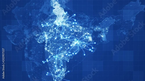 Animated India map with grid,animated networks between main directions and visual effects. Perfect for any type of videos dealing with global business, travel, world markets and much more.