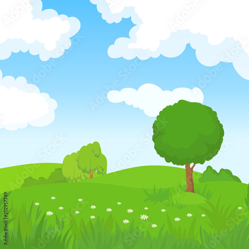 Cartoon summer landscape with green trees and white clouds in blue sky. Forest park panoramic vector background