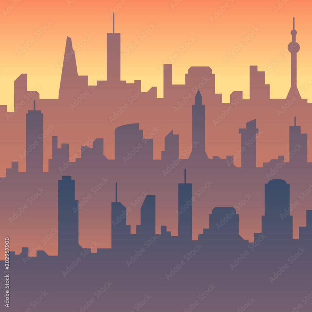 Urban cityscape. Cartoon city skyline vector silhouette