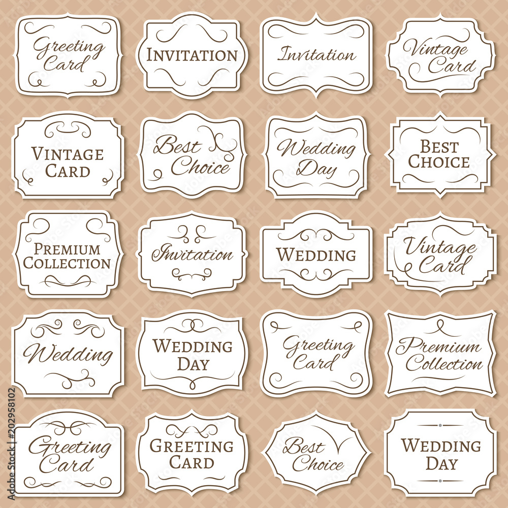 Vintage frames with floral ornament. Retro victorian wedding labels. Antique vector stickers isolated