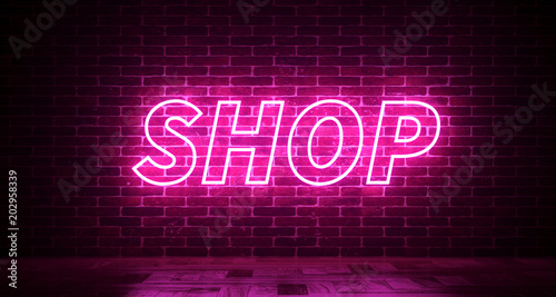 Realistic Brick Wall With Neon Shop Sign. 3d rendering