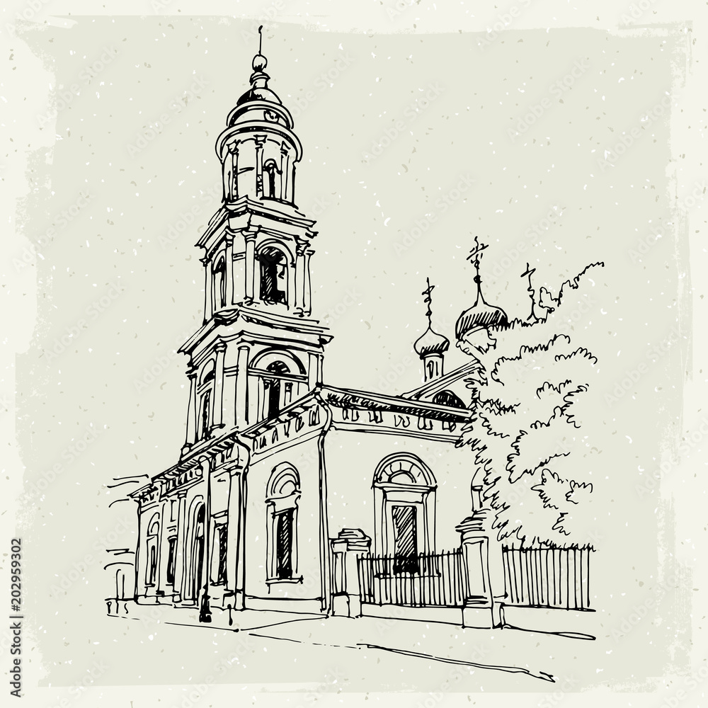 Illustration with the church. Sketch. Freehand drawing