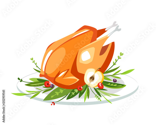 Grilled boiled tasty chicken turkey duck on a plate with greenary