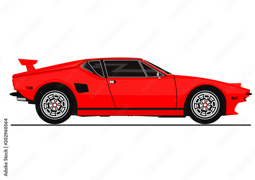 Vector sticker of vintage sports car. Side view. Flat vector.