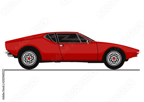 Vector sticker of vintage sports car. Side view. Flat vector.