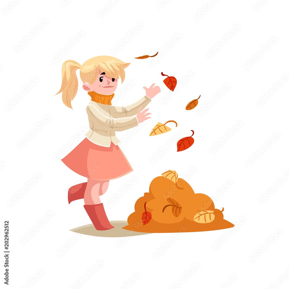 Kid girl plays with autumn leaves throwing them up isolated on white  background. Cute cartoon character of joyful child smiling and playing with  fall foliage. Vector illustration. Stock Vector | Adobe Stock