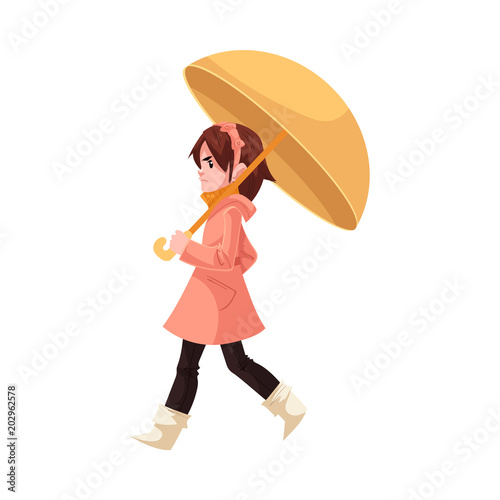 Little kid girl under umbrella in coat and rubber boots walks annoyed with rain isolated on white background. Cartoon character of child in raincoat with bad mood, vector illustration. © sabelskaya