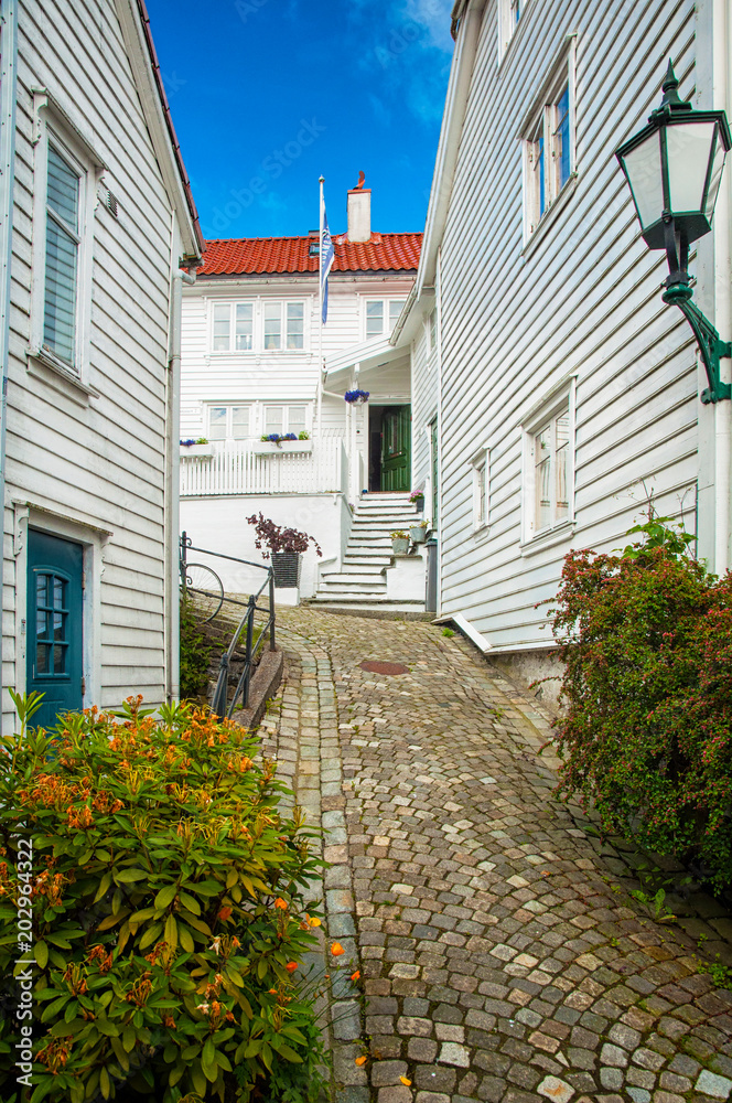 Narrow street in the old town of Bergen, Norway
