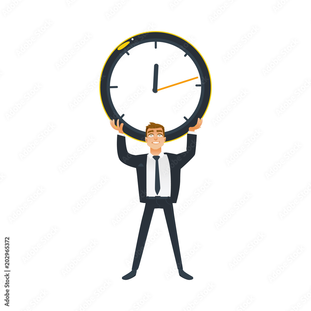 Time control concept, organization of process, businessman standing at wall  with clock adjusts time 5977298 Vector Art at Vecteezy