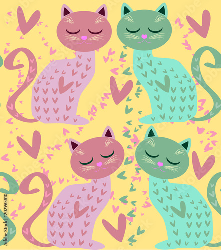 Cute seamless background with funny cats and flowers in cartoon style