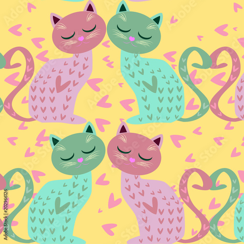 Cute seamless background with funny cats and flowers in cartoon style