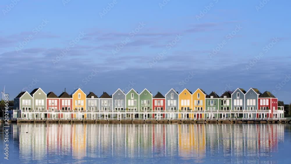 The colored houses of Houten at sunrise / Houten, Utrecht, Netherlands. Shot with RED Weapon Helium 8K camera.