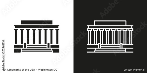 Washington DC - Lincoln Memorial. Famous American landmark icon in line and glyph style.