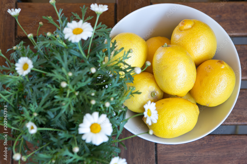 fresh yellow lemons with daisies