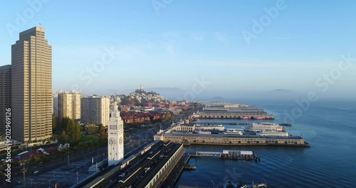 Aerial view of San Francisco city skyline and Embarcadero at sunrise 