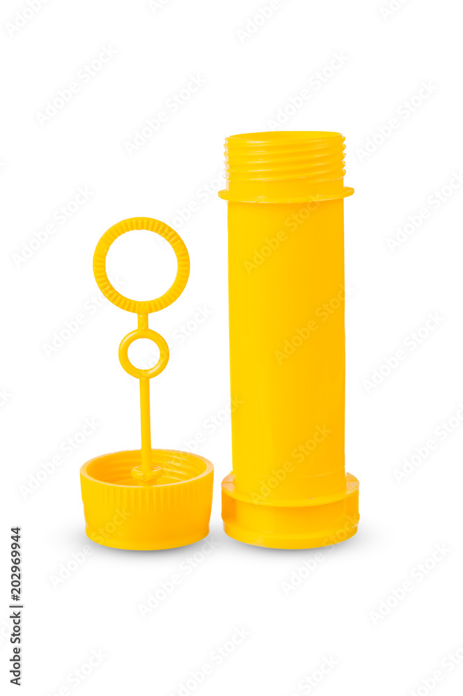 Plastic yellow bottle of soap bubbles isolated on white background Plastic yellow bottle of soap bubbles isolated on white background