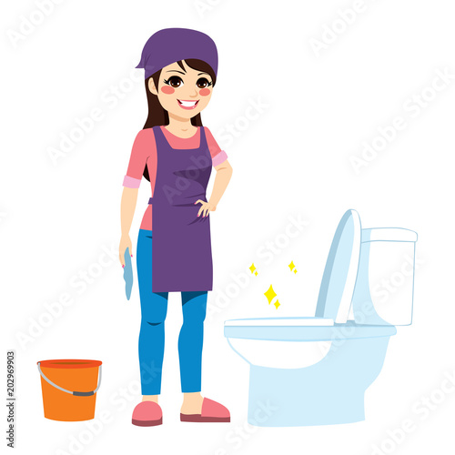 Beautiful young brunette woman cleaning WC at bathroom