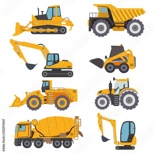 Construction machinery vehicle industry truck equipment heavy machine concrete mixer, loader and crawler crane vector illustration.