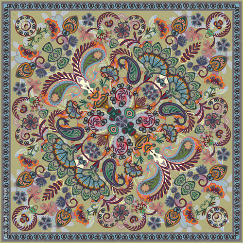 Vector ornament paisley bandana print, silk neck scarf or kerchief square pattern design style for print on fabric. Bandana paisley style