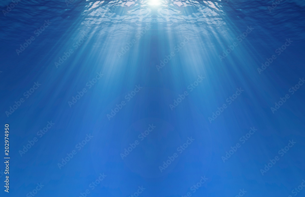 Fondo marino, rayos de sol, mar. Fondo azul para escribir texto. Verano